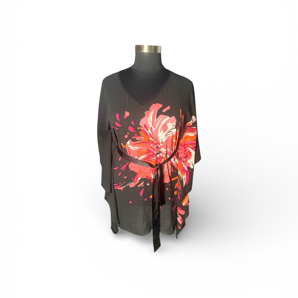 Bisou Bisou Black Floral Kimono Layered Dress Tank Top VNeck Chiffon 3/4 sleeves